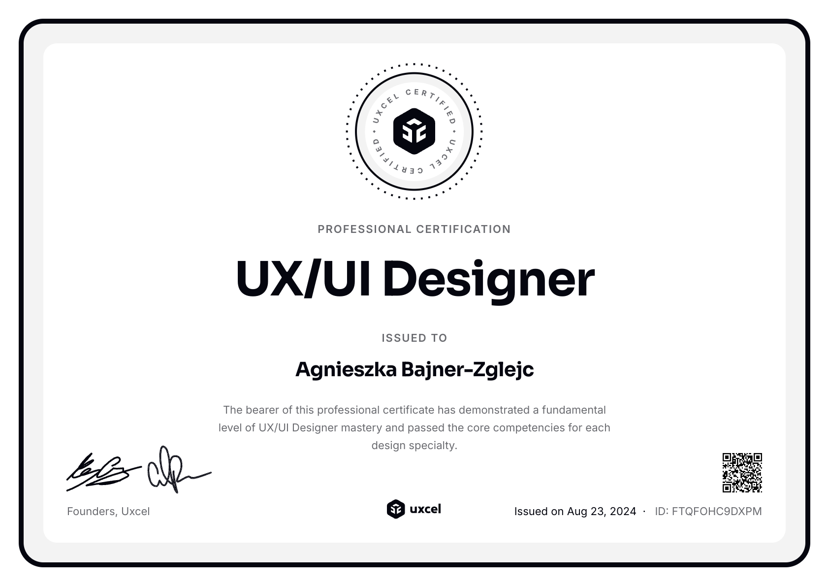 Agnieszka Bajner-Zglejc's certificate
